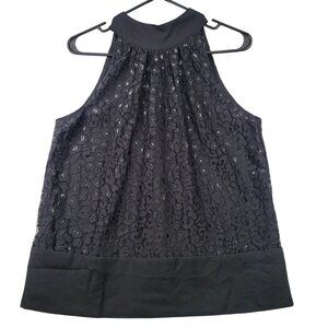 Ann Taylor Lined Black Lace Halter Top Bow Tie Back Buttoned Keyhole Medium